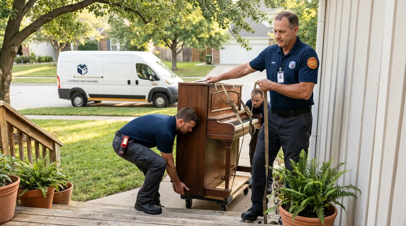 Licensed piano movers securing grand piano in Frankfort, OH