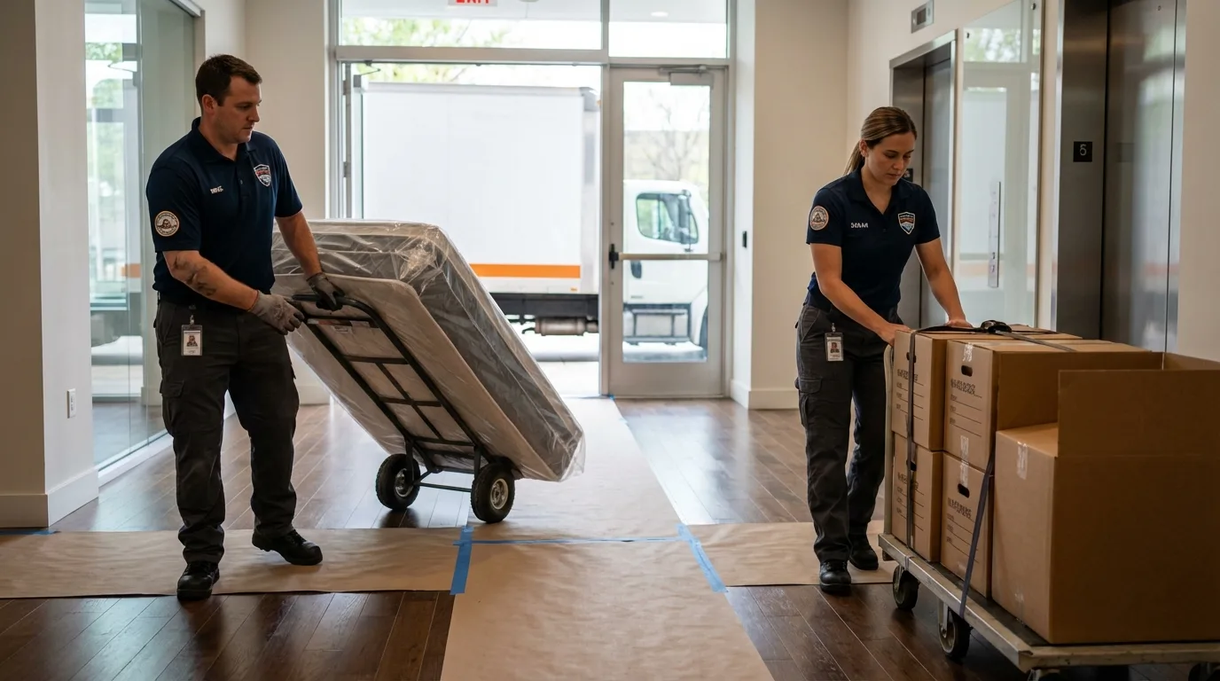 Professional apartment movers loading elevator in Frankfort, OH