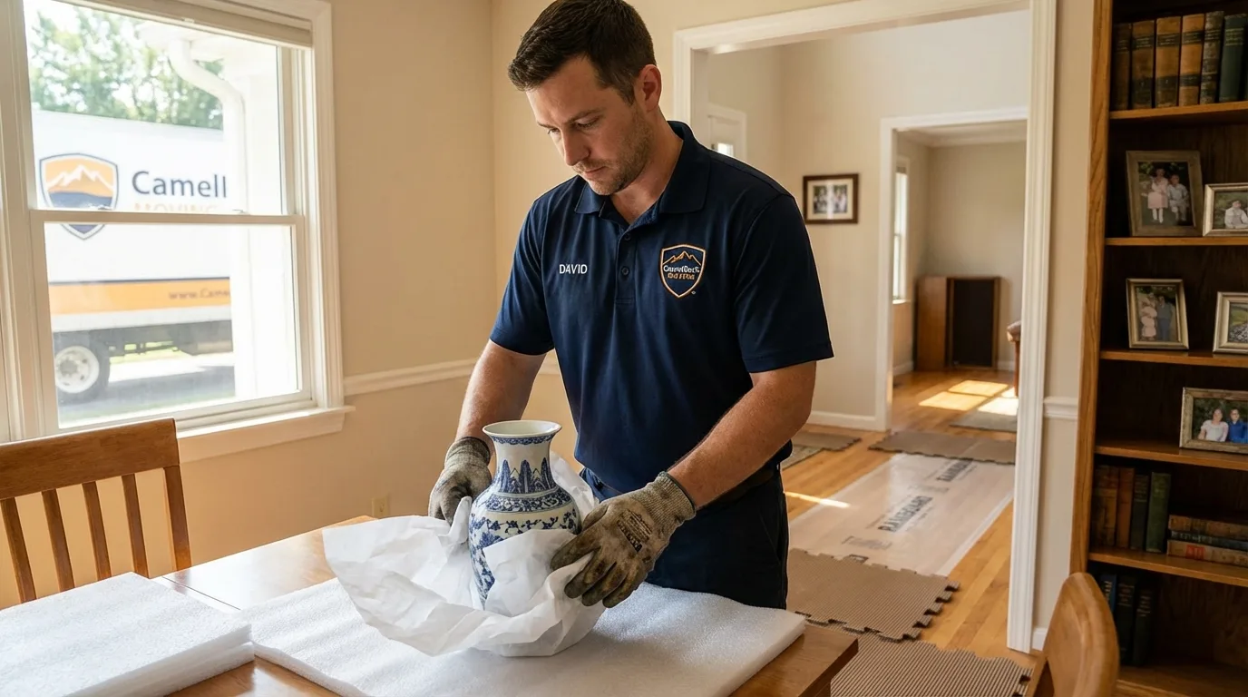 Professional crew carefully wrapping antique vase for senior downsizing move in Frankfort, OH